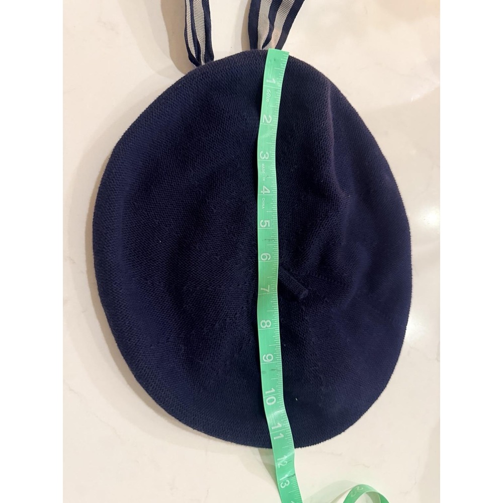 Custom Made Beret Women OS Navy Blue Excellent Italy Cotton Striped Ribbon Bow - Picture 3 of 8
